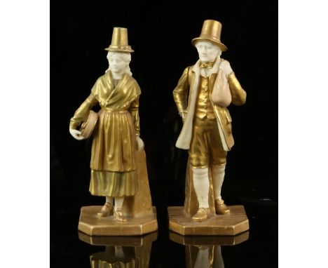 James Hadley for Royal Worcester,  pair of figures of a Welsh man and woman, factory marks and number 1875 to base, both 17cm
