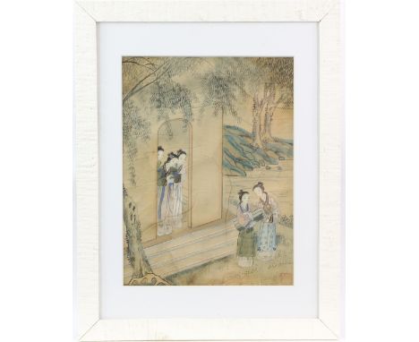 Chinese silk picture of three Manchu / Chinese girls conversing with two others in a lakeside building, single lead seal at b