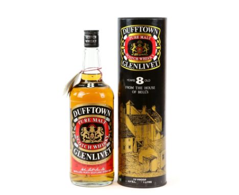 Dufftown Glenlivet 8 years old. 1L. 75 Proof. Bottled by Arthur Bell &amp; Sons Ltd. Old red and black label. No. 63848. In o