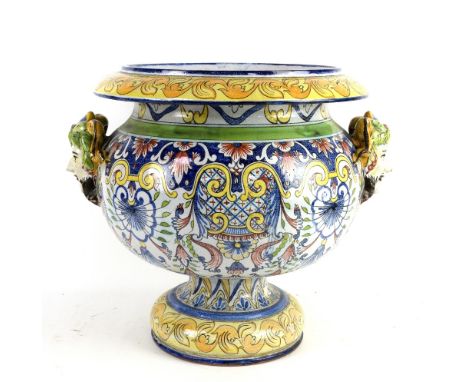 20th century large Italian majolica jardinière in the style of Cantagalli, with floral decoration and Romany satyr type handl