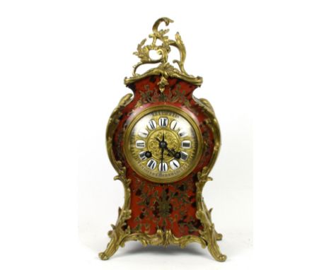 19th century French boulle mantel clock with gilt metal mounts and decoration, the dial with twin train movement and white en