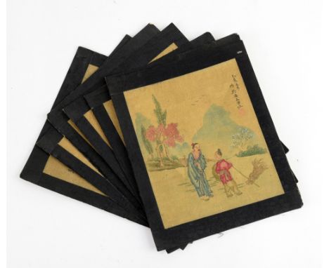 Eight Chinese watercolours figures in garden settings, bearing Chinese characters and red seal marks, unframed, 20.5 x 17.5cm