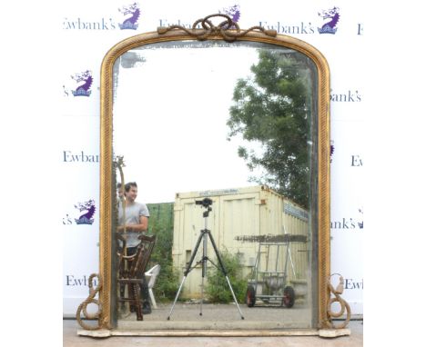 19th century gilt gesso framed mirror with rope twist decoration and bow surmount, H190cm x W163cm,           