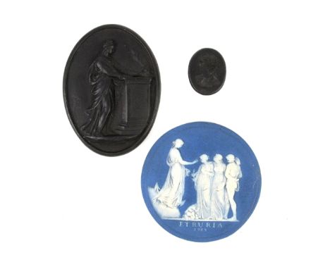 Expanded description, Rare Wedgwood Etruria cameo plaque 6.5cm depicting Hope, Peace, Art and Labour, modelled by William Hac