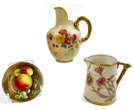 A 20thC Royal Worcester fruit pattern saucer, handpainted with apples and grapes, unsigned, 7cm Dia., a small ivory floral pa