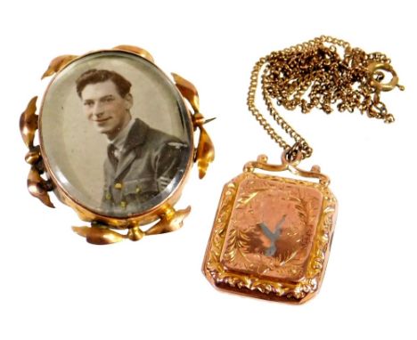 Two item of mid 20thC jewellery, comprising a 9ct gold framed portrait locket, with bird and flower engraved design, on gold 