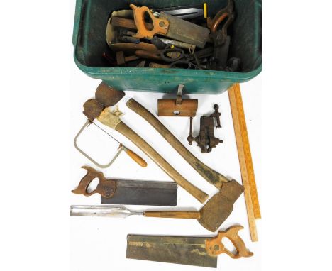 Various tools, early 20thC and other, tenon saws, axe, 61cm H, various other hand tools, etc.  (a quantity)