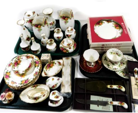 Various Royal Albert Old Country Roses wares, to include a pair of vases, 19cm H, lidded jar, various other vases, dishes, po