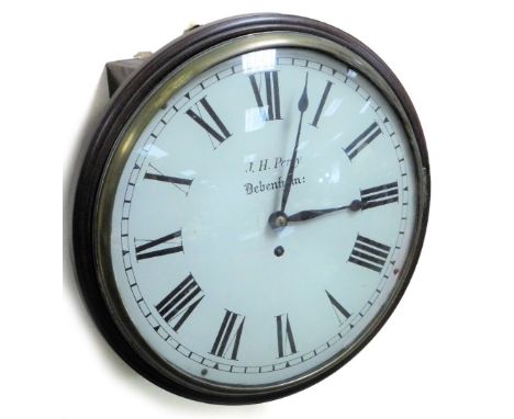 J H Percy Debenham.  A 19thC mahogany cased dial clock, with brass surround, in a plain circular case, the 29cm Dia. Roman nu