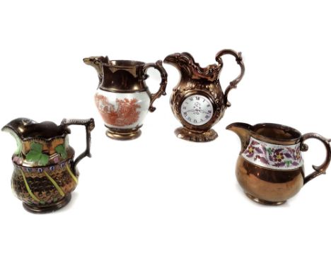 Four Victorian copper lustre relief moulded jugs, including one with a clock dial reserve, 15cm H and other varying sizes.