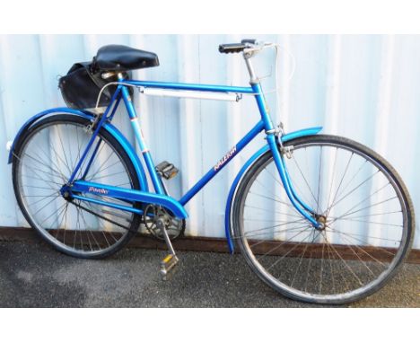 A vintage Rayleigh traveller gentleman's bicycle, in blue with chrome mounts, leather saddle, 100cm high. 