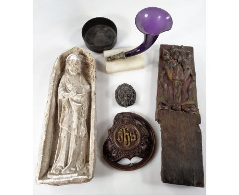 A biscuit pottery figure of an apostle, in flowing robes in arched surround, marked to the back Wet End South Side No.1, 42cm