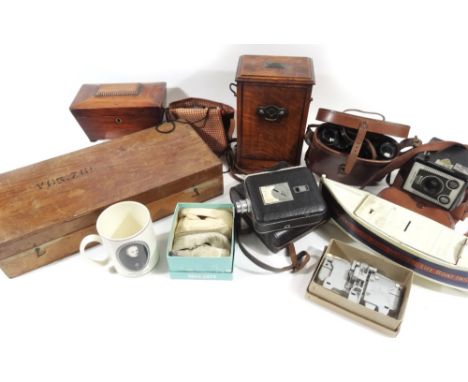 An RNLI Royal National Lifeboat Institution collection money box, 37cm W, a commemorative tankard, a 19thC sarcophagus shaped