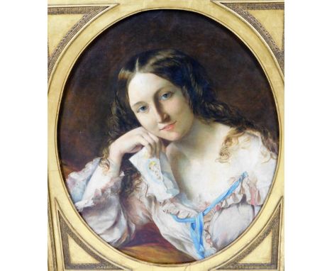 19thC English School.  Portrait of a lady, dressed in finery, holding a letter, quarter profile, oval oil on canvas, unsigned