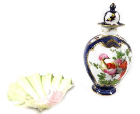 A Royal Worcester shell shaped dish, no.172, 1907, and a Worcester type vase with blue seal mark, decorated with panels of ex