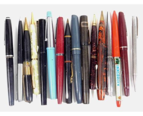 Various pens, a burgundy example with chrome mounts and Parker style clip, unmarked, 14cm W, Bird self filling, Platignum fou