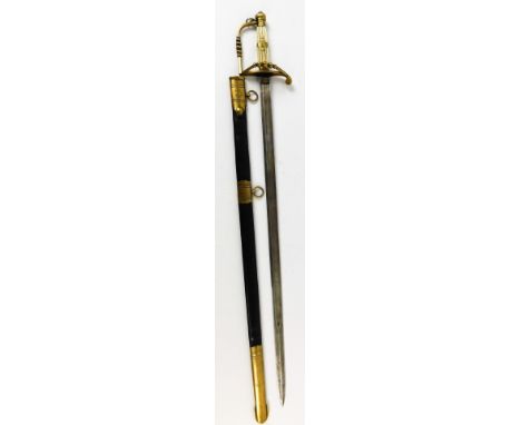 A naval sword, with black leather scabbard with brass mounts, set with an anchor, with plain blade, shaped handle, brass angu