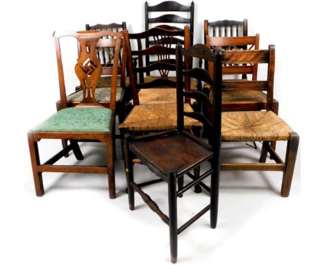 A collection of various 19thC and other rush seated chairs, to include country Chippendale example, a pair of Sheraton type w