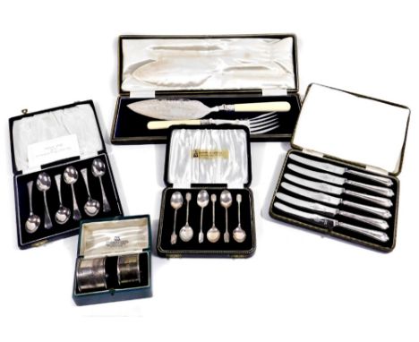 Various cased cutlery, silver sets, etc.  teaspoons, 11cm W, cased set of old English pattern, silver collared serving set, a