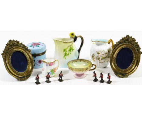 Decorative china and effects, comprising an enamel salt jar and cover, decorated with flowers, 8cm high, pheasant transfer pr