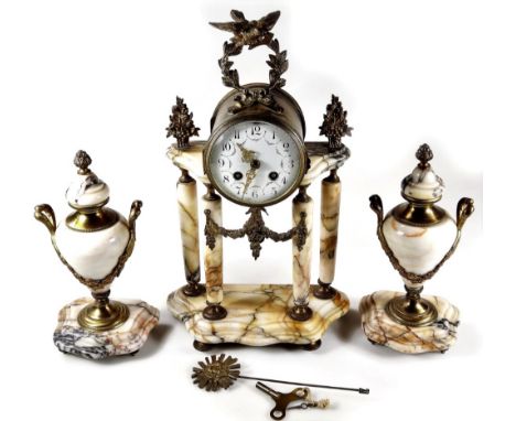 A marble, brass and gilt metal clock garniture, comprising clock, with bird and garland finial, raised above a 9cm Dia. face 