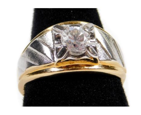 A gent's signet ring, set with single CZ stone, in white coloured metal setting, on a gold coloured band, marked 14KT H G E E