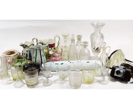 Various 19thC glassware and pottery, a Gaudy Welsh jug, 21cm H, glass rolling pin, Super Paxette Braun camera, Regency and ot