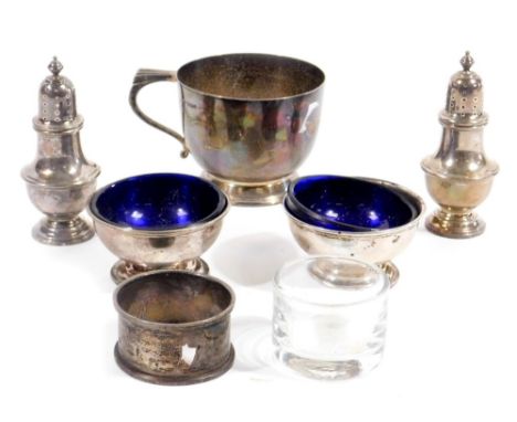 A George V silver christening cup, by Walker &amp; Hall, with stepped S scroll handle, plain body and domed foot, no. 64760, 