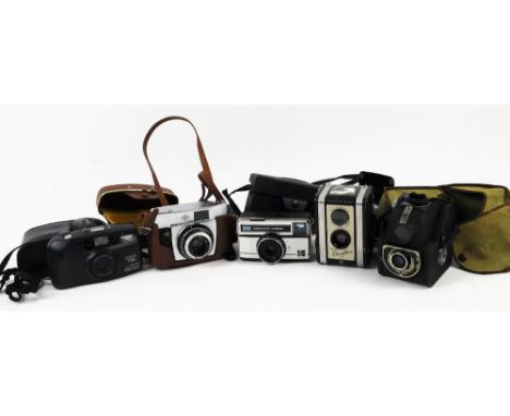 Various cameras and associated equipment, an AGFA camera, 9cm H, with pressed brown leather case, boxed cameras, etc.  (a qua