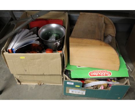 Two boxes containing wooden bread bin, Subbuteo, various toys etc  