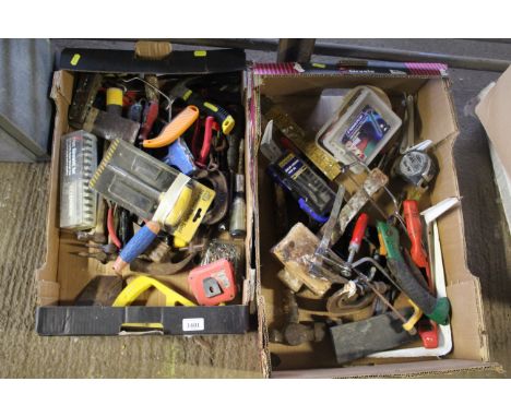 Two boxes containing various hand tools to include hammers, screwdrivers, clamps etc.