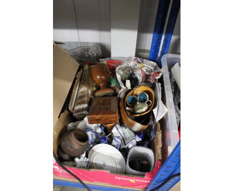 A box of various sundry items including china, woodenware, cloisonné etc