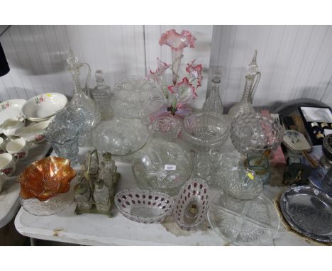 A collection of table glassware to include glass epergne, decanters etc. 