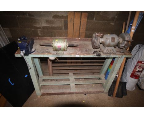 A wooden work bench with fitted Record No.0 bench vice, a Record No.3 bench vice, a Gryphon motor and a dual wheel grinder (s