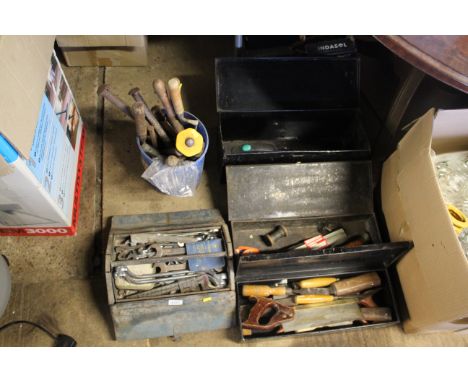 Four metal tool boxes and contents of various tools to include spanners, handsaws, knives etc