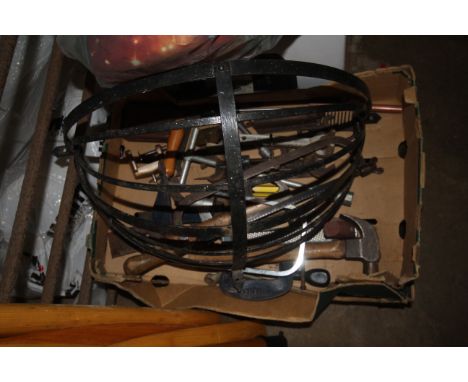 Two tray boxes containing a quantity of various hand tools, a wall mounting plant basket etc.