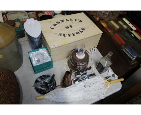 A Crowleys of Suffolk advertising crate; a sun dial; a nutcracker; table lamp formed from a biscuit barrel; a parasol etc. 