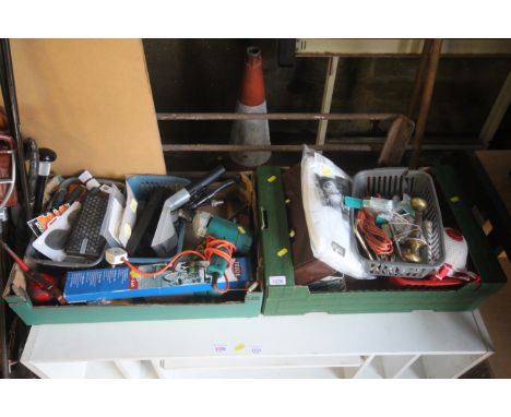 Two boxes containing a Black &amp; Decker H4OS-H1 rotary drill, oil can, various door furniture, various fixings etc.