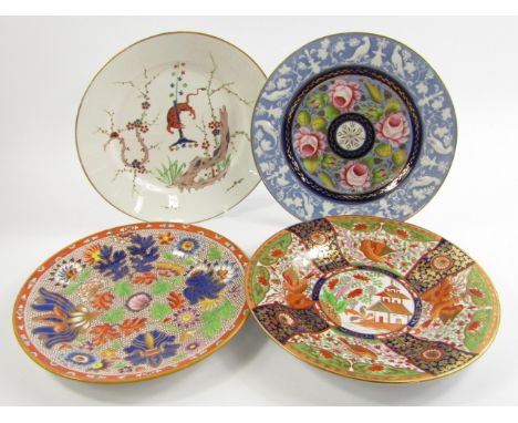 A Coalport early 19thC porcelain plate, with Imari decoration, New Hall plate painted with roses against a blue and white bor
