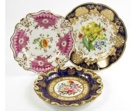 Three Ridgways mid 19thC porcelain dessert plates, painted centrally with flowers, pattern Nos 660, 6/1986 and 2179, (3).