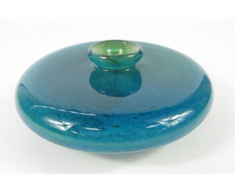 A Michael Harris Mdina glass turquoise vase, of squat button top form, ground pontil, unsigned, 16cm diameter. 