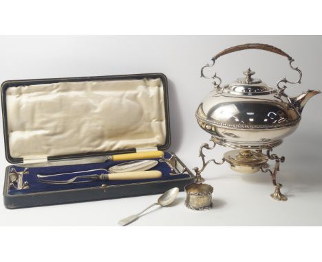 A Victorian plated tea kettle on stand, with burner, Victorian silver teaspoon, Glasgow 1845, silver napkin ring and a plated