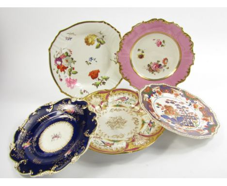Five Daniels porcelain early 19thC plates, one painted with reserves of birds, another with birds against a cobalt blue groun