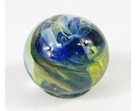 A Michael Harris Isle of Wight glass footed paperweight, blue and yellow swirl decoration, signed Michael Harris, Isle of Wig