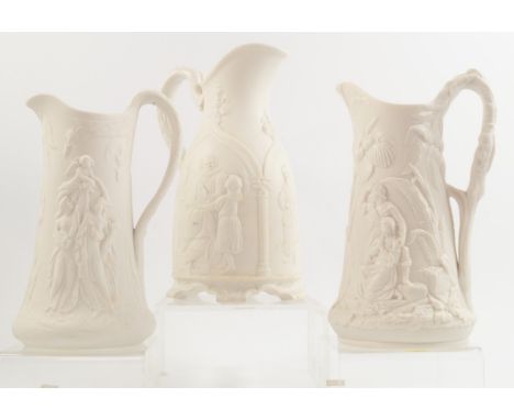 A T & R Boote mid 19thC Parian jug, relief moulded in the Samuel & Eli pattern, printed mark, 23cm high, T J & J Mayer Parian