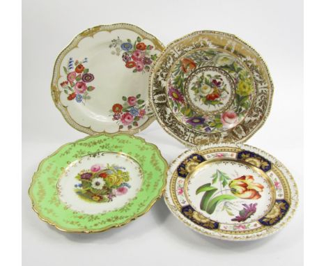 A Charles Bourne early 19thC porcelain plate painted with tulips, Derby, Stevenson & Hancock plate painted with flowers withi