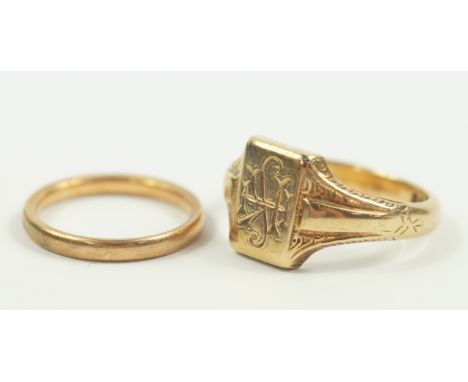 A lady's 9ct gold signet ring, monogram engraved, size R, and a 9ct gold wedding band, size J, 8.1g, (2).