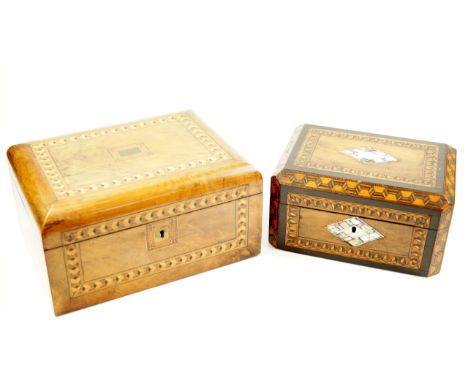A Victorian walnut and parquetry inlaid sewing box, 30cm x 22.5cm x 15cm, and a walnut and parquetry inlaid box with mother o