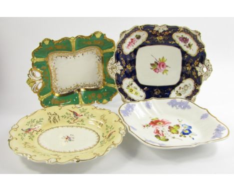An H & R Daniel early 19thC square dessert dish, painted with reserves of flowers against a cobalt blue ground, an oval dish 