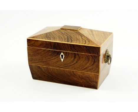 A George III rosewood and boxwood line inlaid tea caddy, of twin division sarcophagus form, 21.5cm x 12cm x 13cm.
